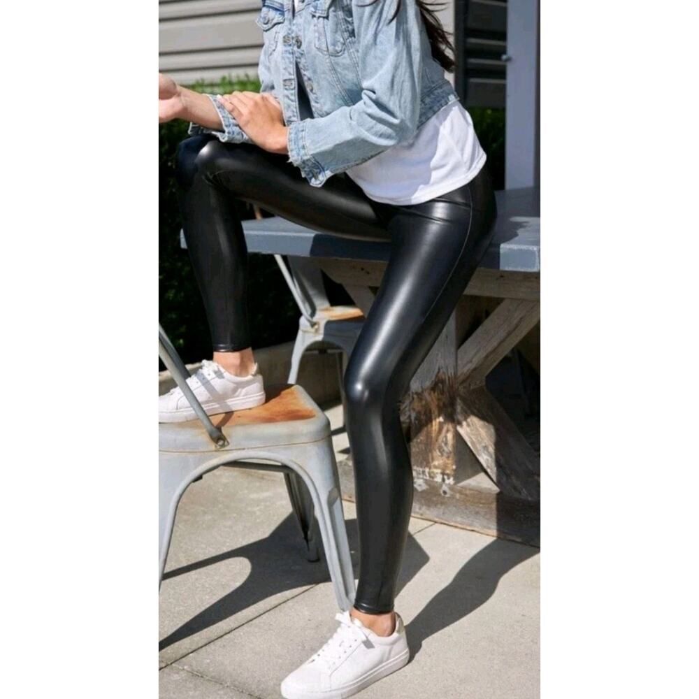 SPANX Faux Leather Leggings Size L Black Tummy‎ Shaping